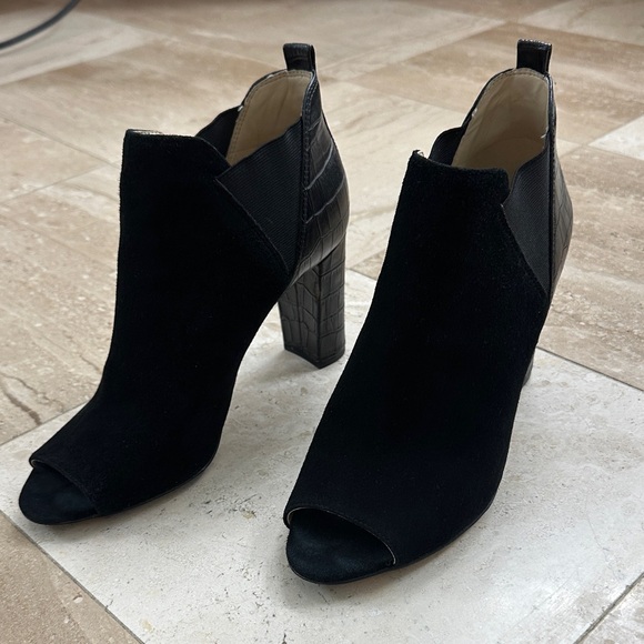 Marc Fisher Shoes - Marc Fisher Black Suede Peep-Toe Chunk Heeled Booties